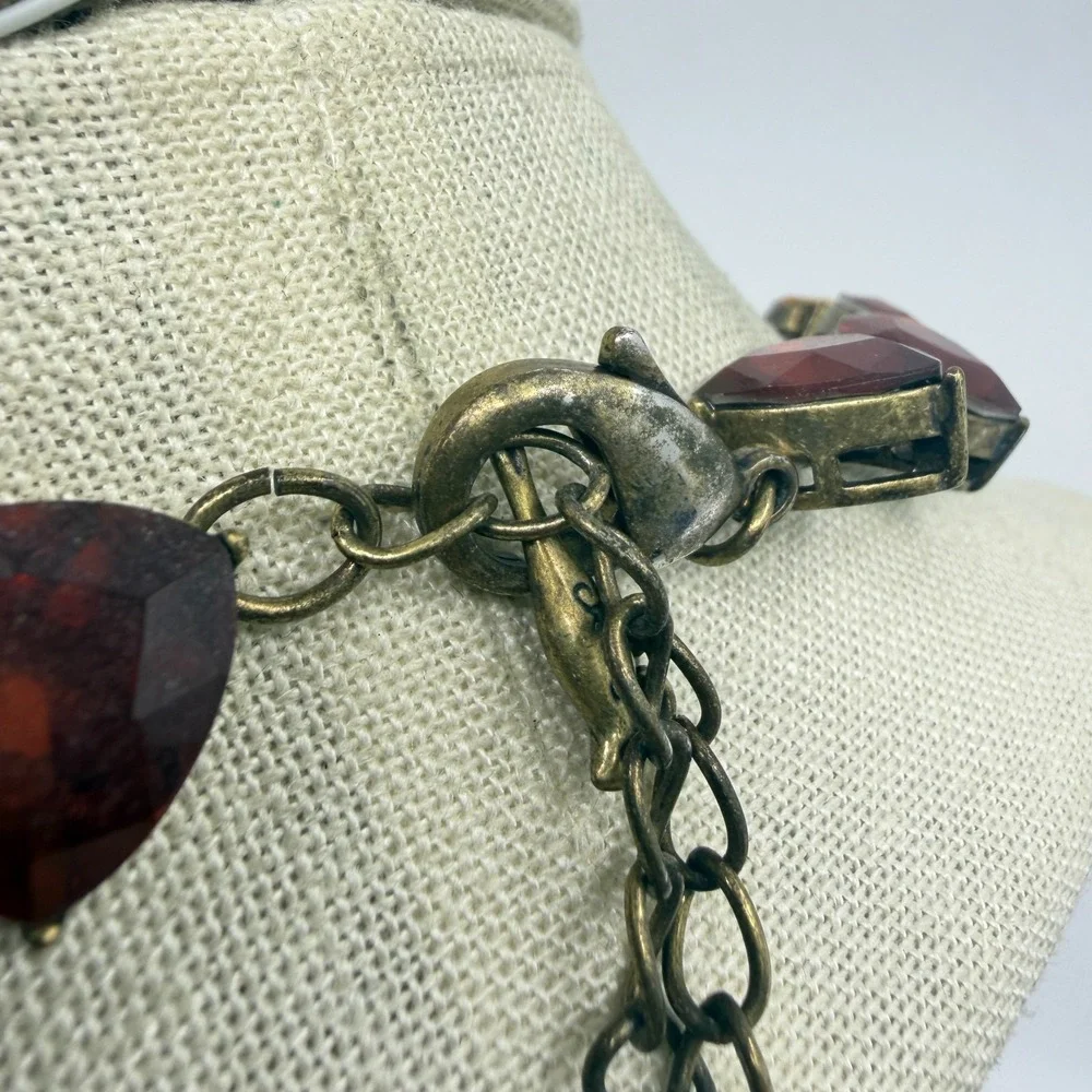 Amber & Gold Tone Red Facet Teardrop Acrylic Antiqued Chunky Statement Necklace